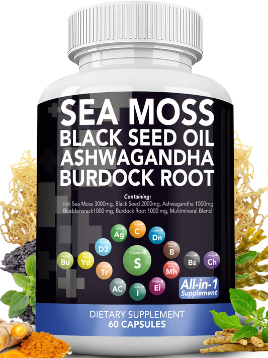 VEV Sea Moss, Black Seed Oil, Irish Sea Moss Capsules Pills,  Multi Minerals, Turmeric, Burdock Root, Vitamin D3 - 60Pills