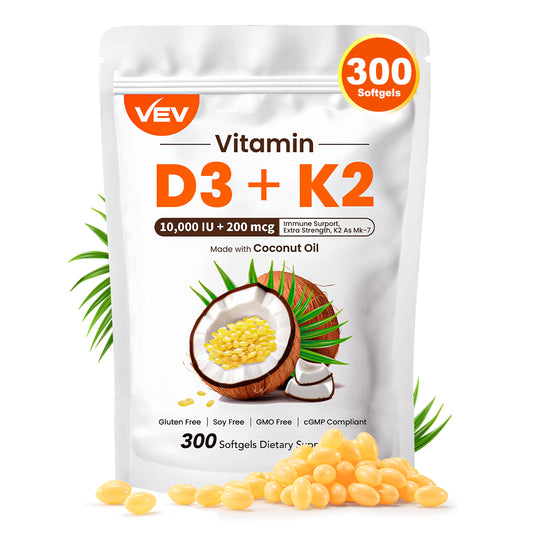 VEV Vitamin D3 K2 10000 IU, 300 Coconut Oil Softgels
