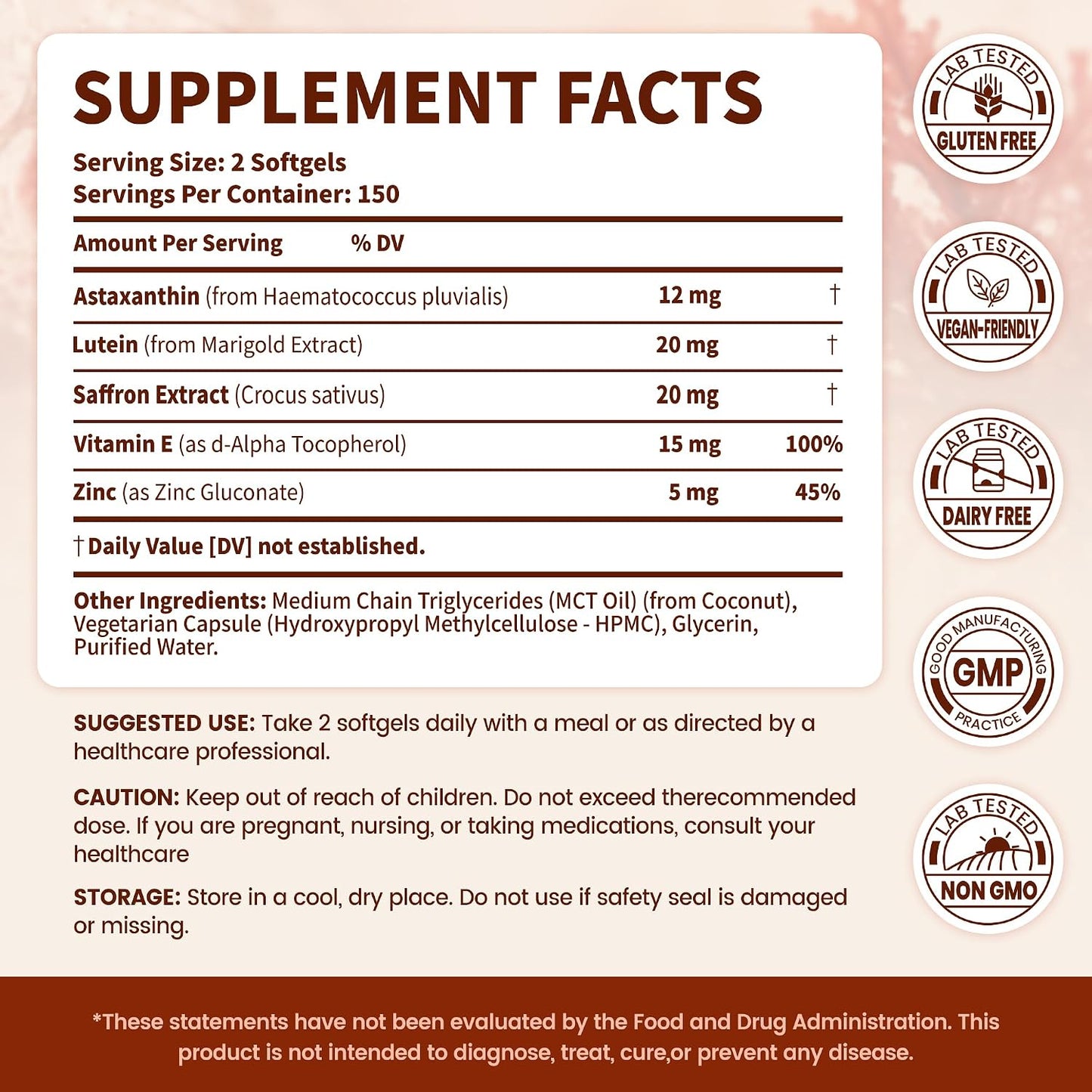 staxanthin 12mg & Lutein 20mg Supplements with MCT Oil, Saffron Extract, Vitamin E & Zinc, 150 Servings