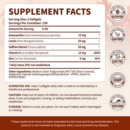 staxanthin 12mg & Lutein 20mg Supplements with MCT Oil, Saffron Extract, Vitamin E & Zinc, 150 Servings
