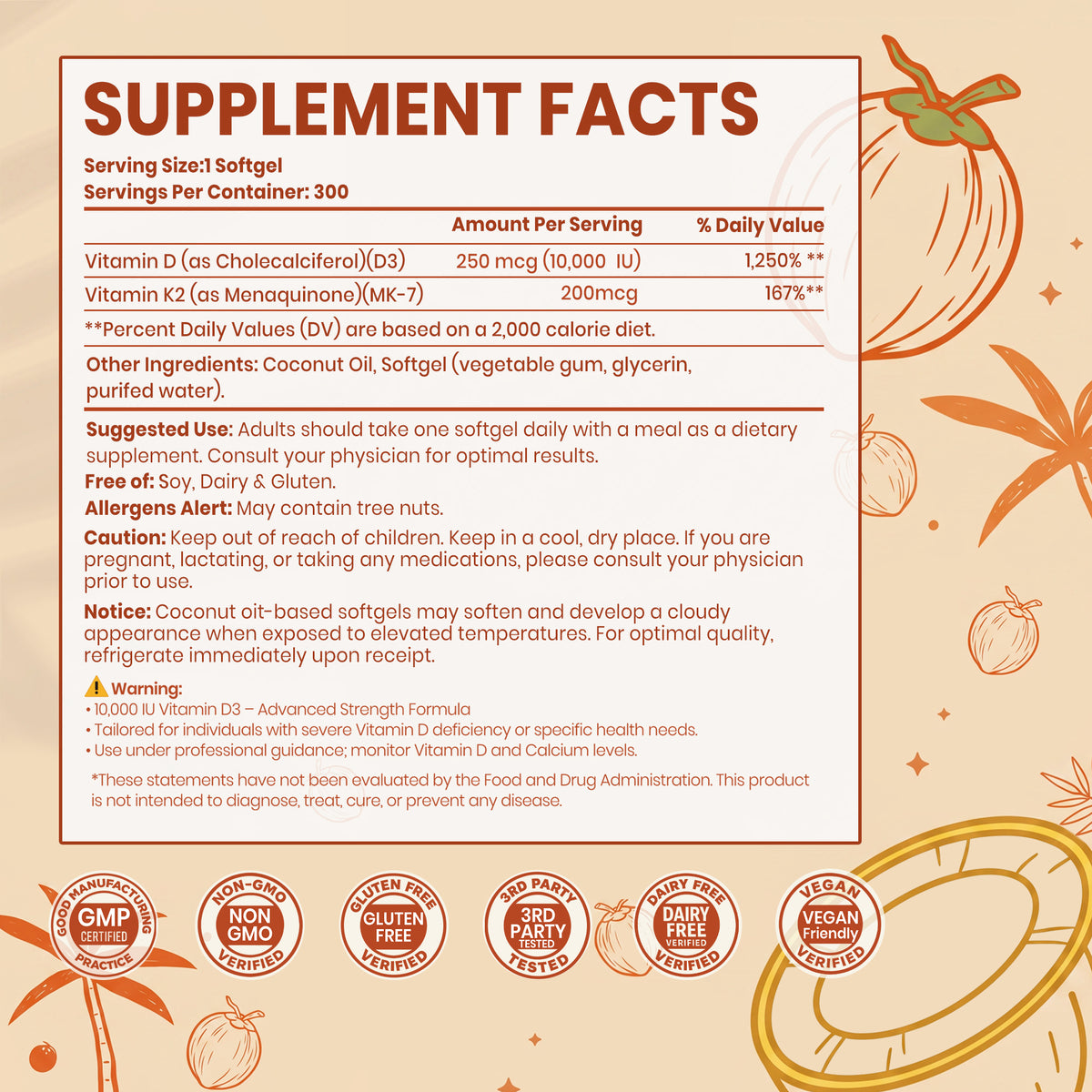 VEV Vitamin D3 K2 10000 IU, 300 Coconut Oil Softgels