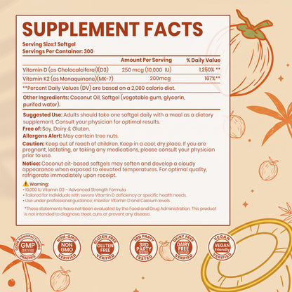 VEV Vitamin D3 K2 10000 IU, 300 Coconut Oil Softgels