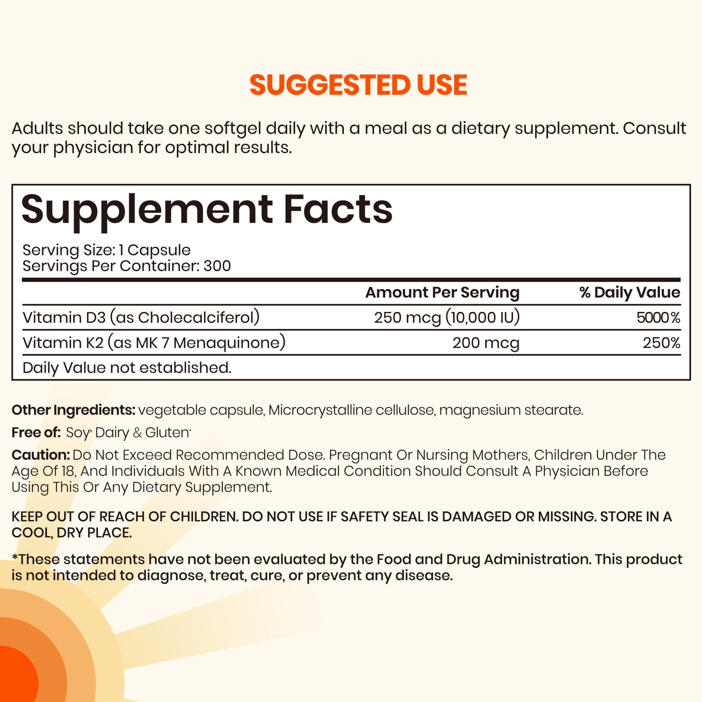 VEV Vitamin D3 K2 – 10,000 IU D3, 200mcg MK7 – 300 Capsules