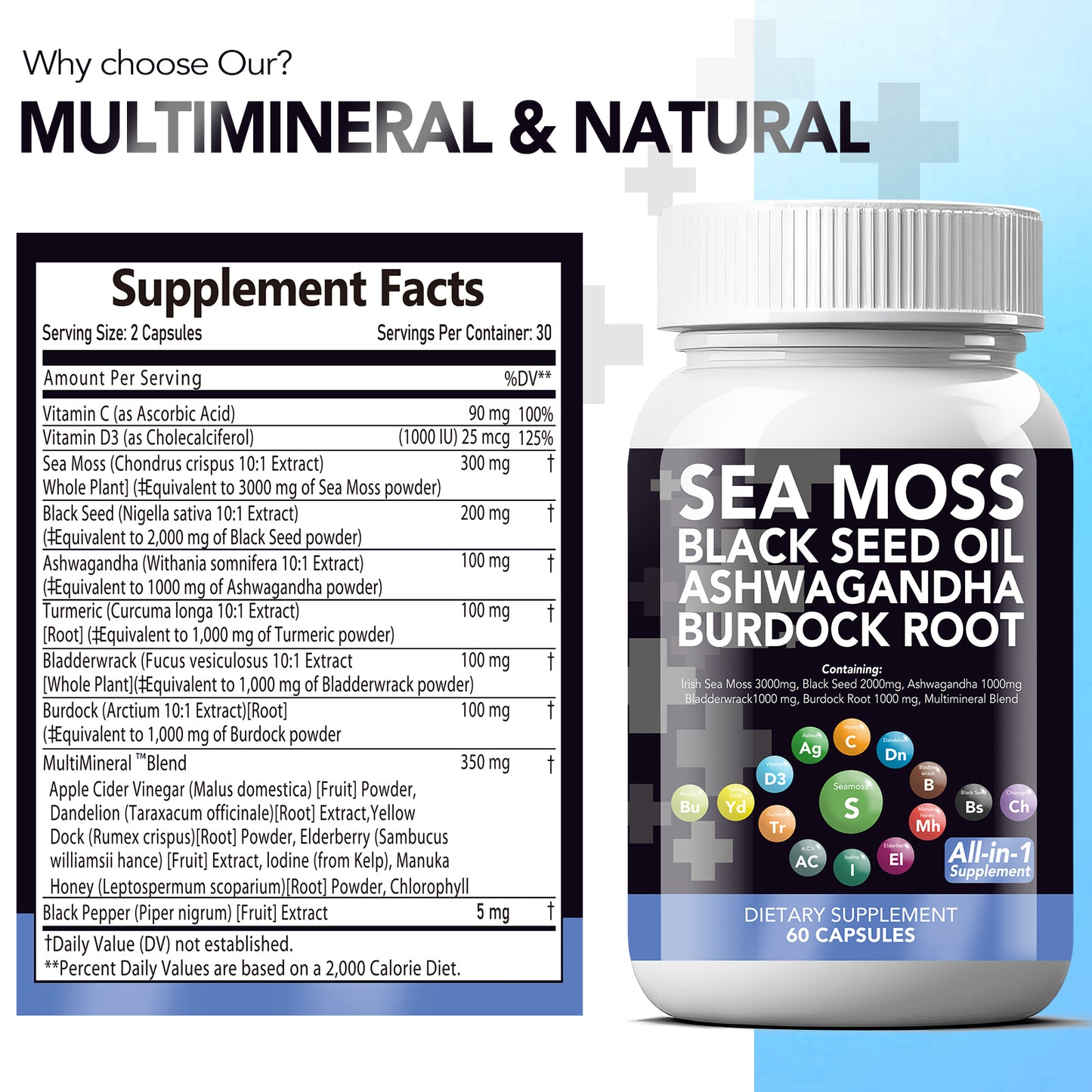 VEV Sea Moss, Black Seed Oil, Irish Sea Moss Capsules Pills,  Multi Minerals, Turmeric, Burdock Root, Vitamin D3 - 60Pills