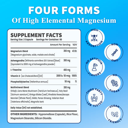 VEV Magnesium Complex with Magnesium Glycinate, Ashwagandha, L-Theanine, and Rhodiola Rosea - 120 Capsules