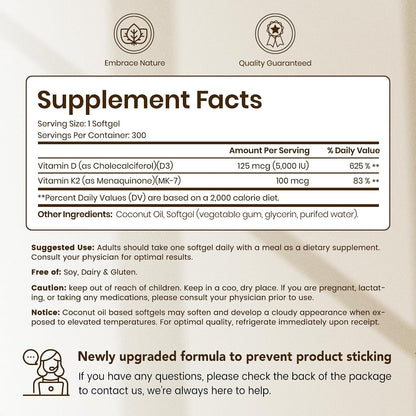VEV Corefeel Vitamin D3 K2, 5000 IU D3 100mcg K2 (MK 7), 300 Softgels