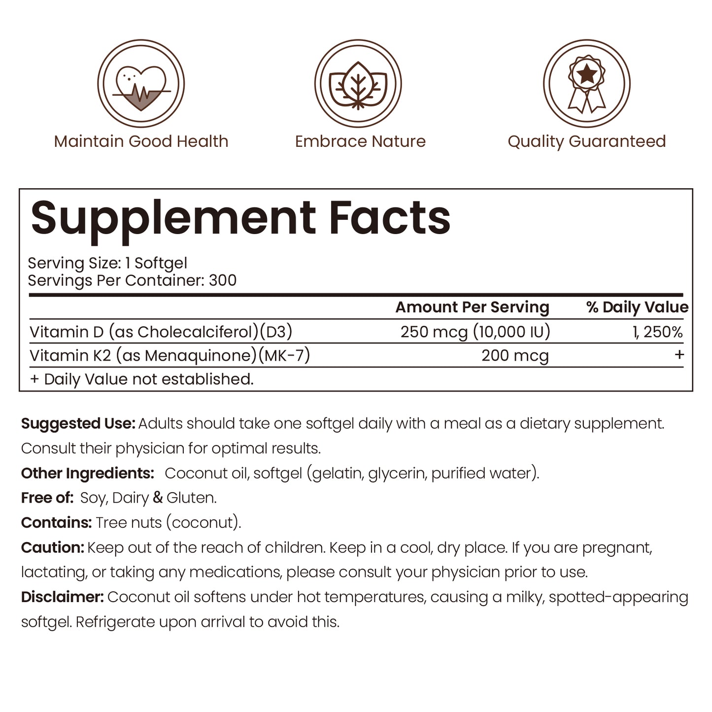 VEV Vitamin D3 K2 10000 IU, Includes MK7, 300 Coconut Oil Softgels