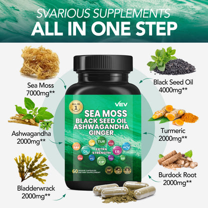 VEV Sea Moss, Ashwagandha, Vitamin D, Ginger, Burdock Root, Black Seed Oil, Irish Sea Moss, Multi Minerals, Vitamin C - 60Pills