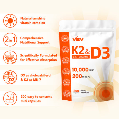 VEV Vitamin D3 K2 – 10,000 IU D3, 200mcg MK7 – 300 Capsules