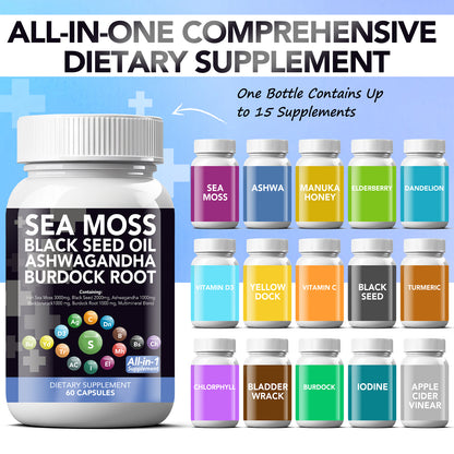 VEV Sea Moss, Black Seed Oil, Irish Sea Moss Capsules Pills,  Multi Minerals, Turmeric, Burdock Root, Vitamin D3 - 60Pills