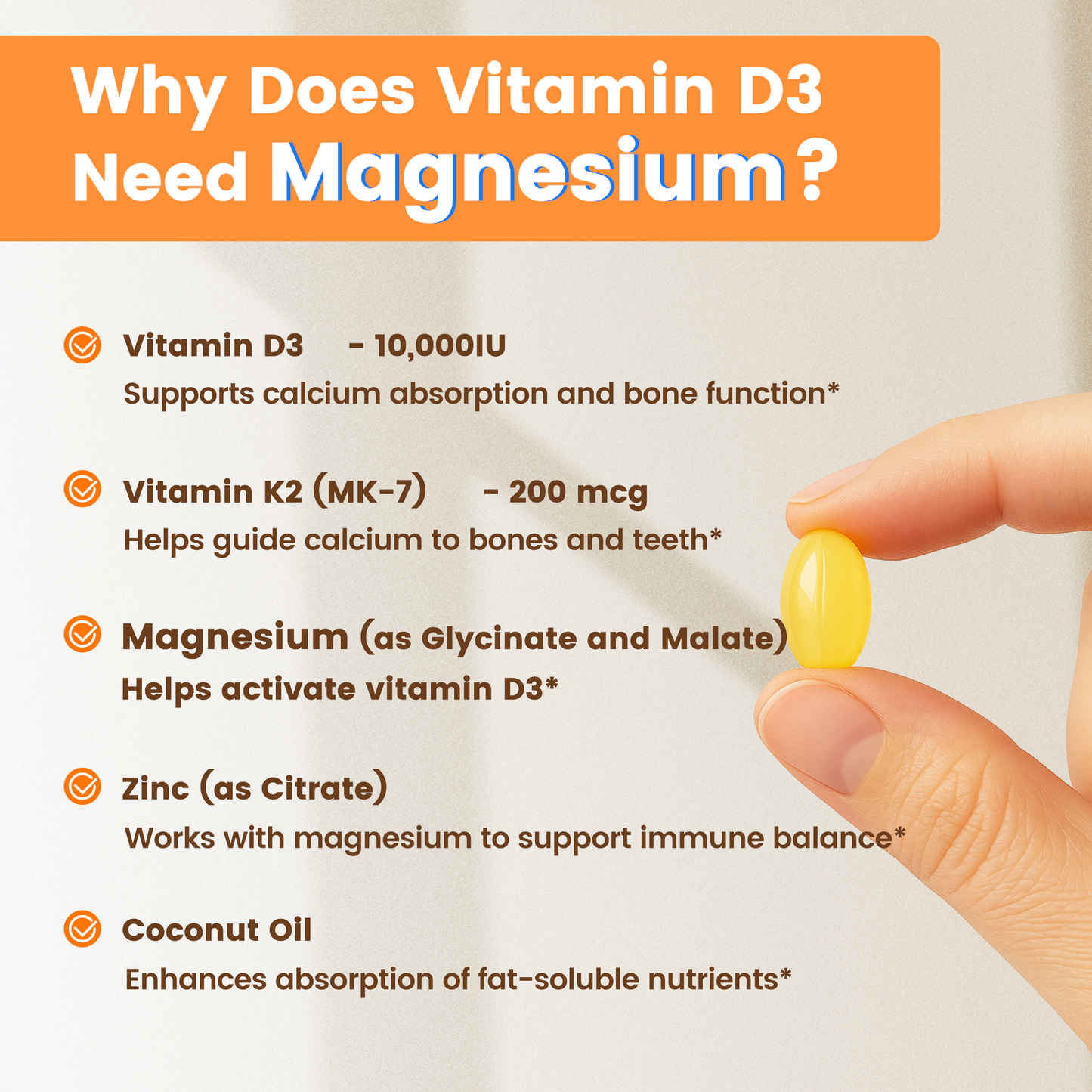 VEV Vitamin D3 K2 Magnesium Zinc Citrate 300 Softgels