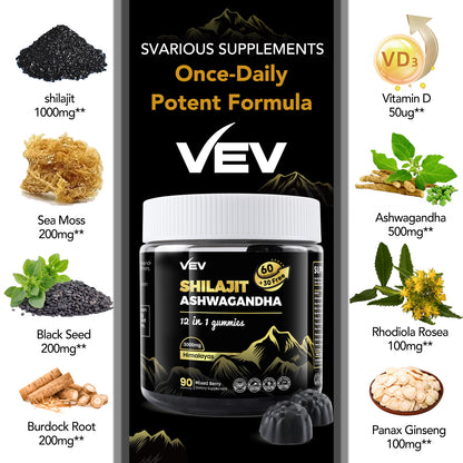 VEV Shilajit Gummies–90 Count, Natural Energy Support, Enhanced Absorption