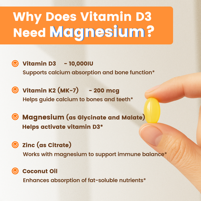 VEV Vitamin D3 K2 Magnesium - 10,000 IU Vitamin D3, 200 mcg MK-7, Magnesium Glycinate & Malate, Zinc Citrate – 300 Softgels