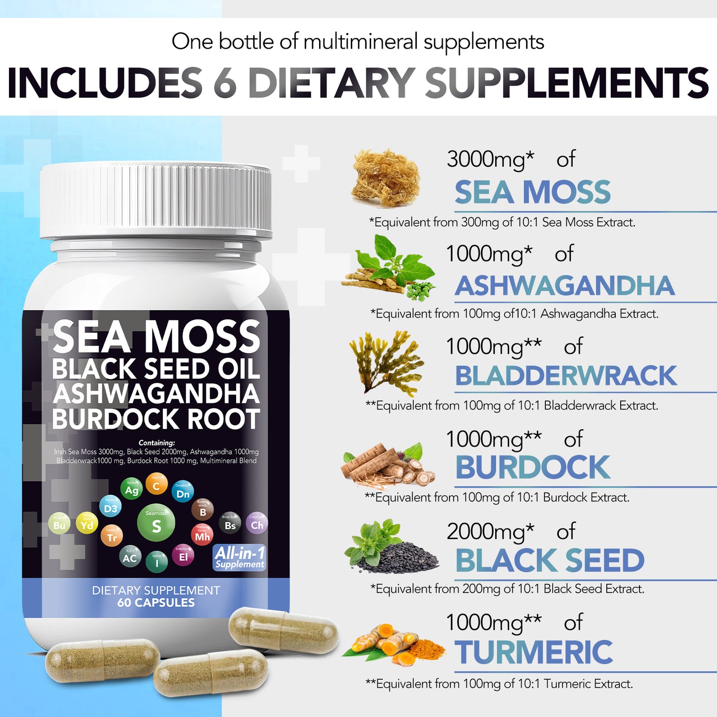 VEV Sea Moss, Black Seed Oil, Irish Sea Moss Capsules Pills,  Multi Minerals, Turmeric, Burdock Root, Vitamin D3 - 60Pills