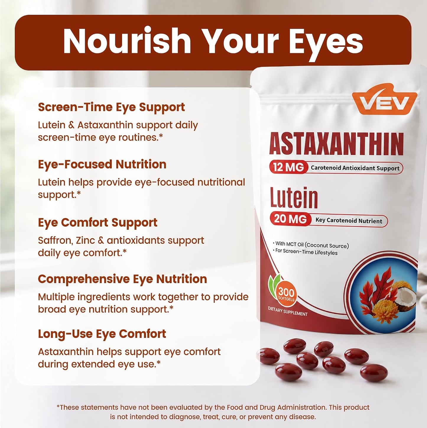 staxanthin 12mg & Lutein 20mg Supplements with MCT Oil, Saffron Extract, Vitamin E & Zinc, 150 Servings