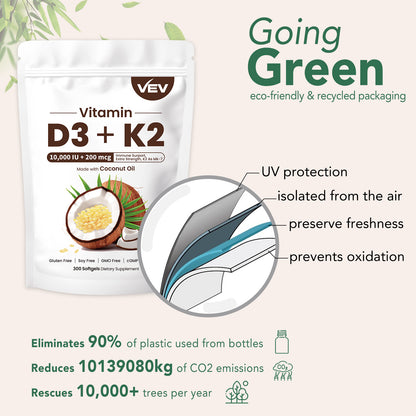 VEV Vitamin D3 K2 10000 IU, Includes MK7, 300 Coconut Oil Softgels