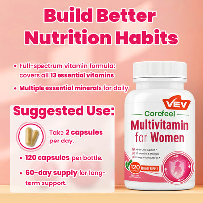 VEV Multivitamin for Women, 120 Capsules, 60-Day Supply – 13 Essential Vitamins & 6 Key Minerals for Daily Nutrition