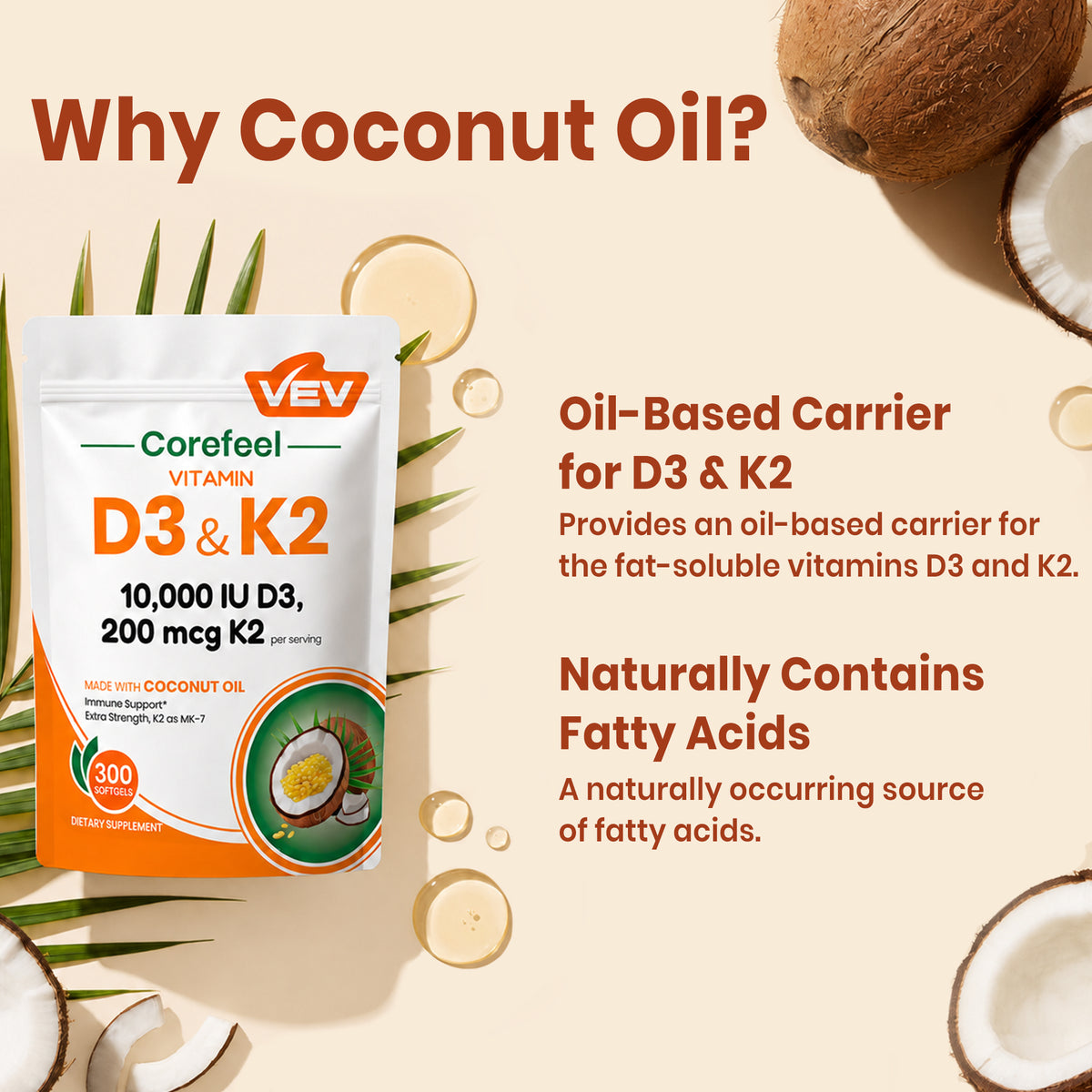 VEV Vitamin D3 K2 10000 IU, 300 Coconut Oil Softgels