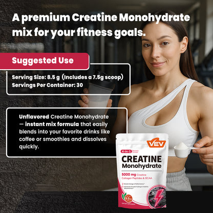 VEV Creatine Monohydrate Powder 5000mg with Collagen & BCAAs 2:1:1 – Creatine for Women, Supports Muscle Definition, Recovery, Energy & Workout Performance – Unflavored, Sugar-Free, 9.5oz, 30 Servings