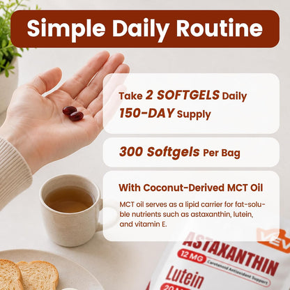 staxanthin 12mg & Lutein 20mg Supplements with MCT Oil, Saffron Extract, Vitamin E & Zinc, 150 Servings