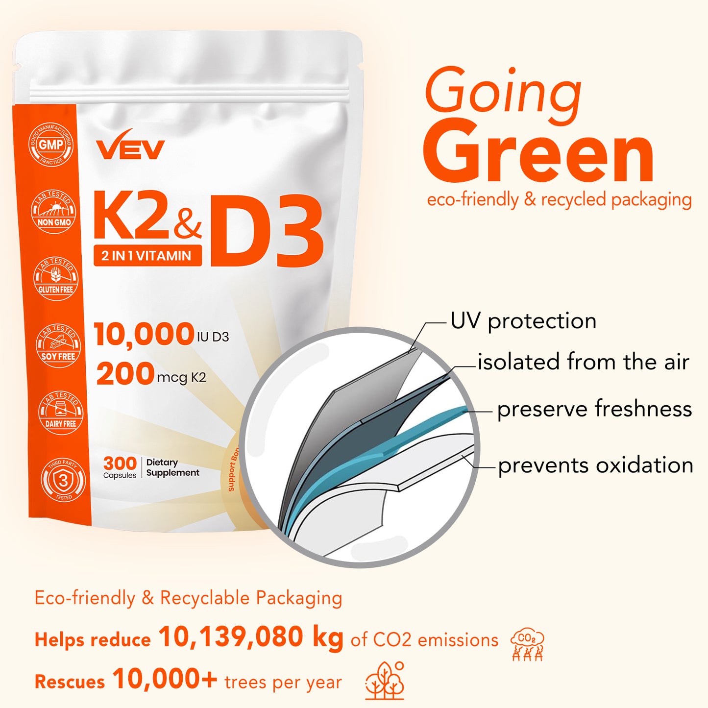 VEV Vitamin D3 K2 – 10,000 IU D3, 200mcg MK7 – 300 Capsules