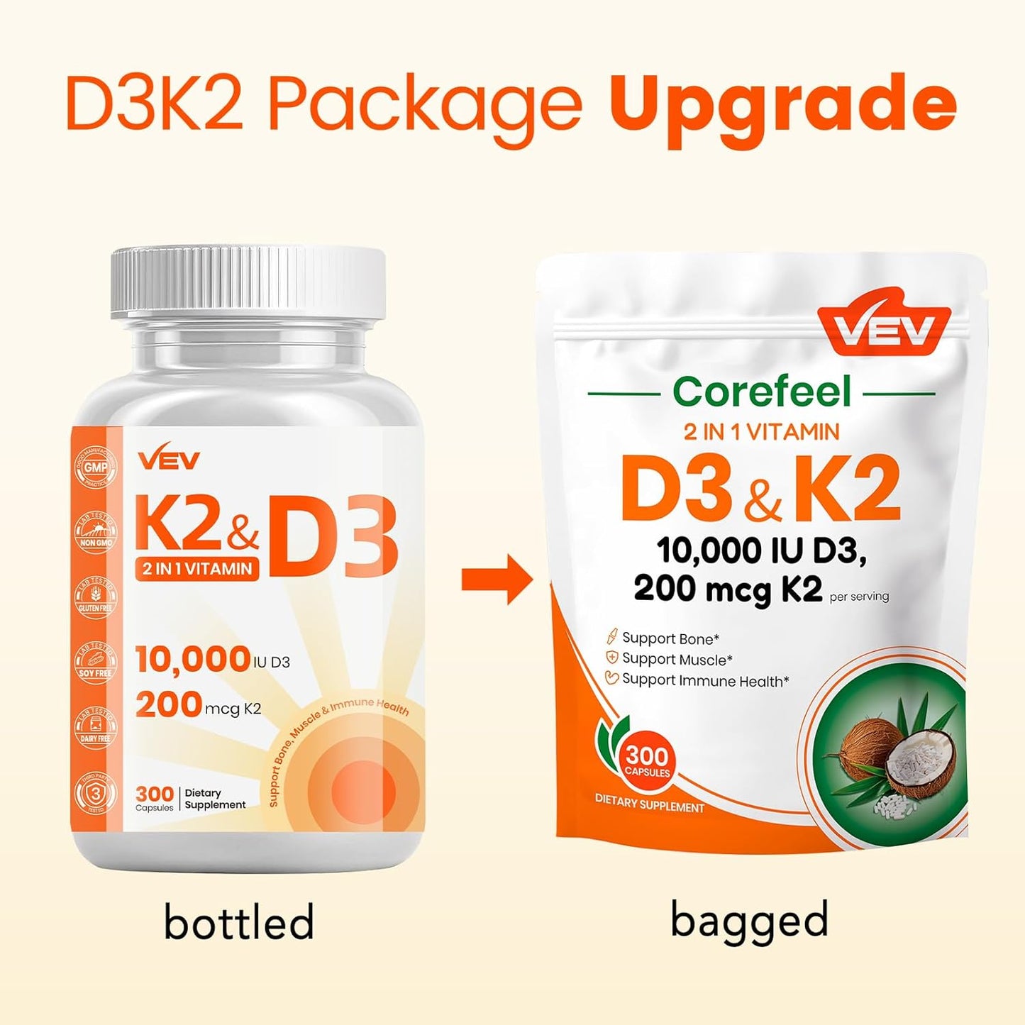 VEV Vitamin D3 K2 – 10,000 IU D3, 200mcg MK7