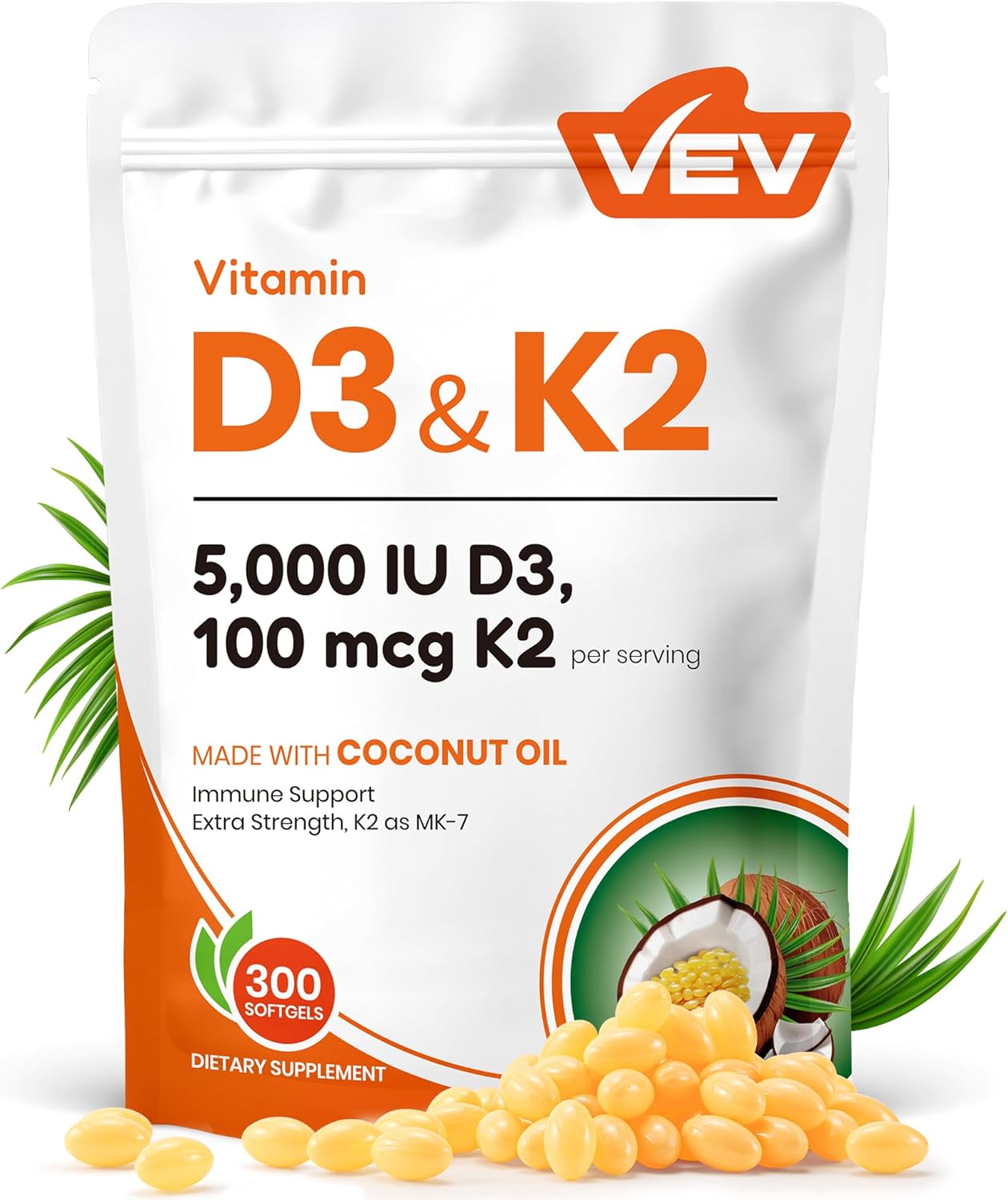 VEV Corefeel Vitamin D3 K2, 5000 IU D3 100mcg K2 (MK 7), 300 Softgels