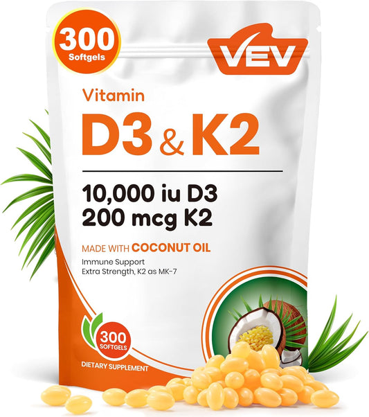 VEV Vitamin D3 K2 10000 IU, 300 Coconut Oil Softgels