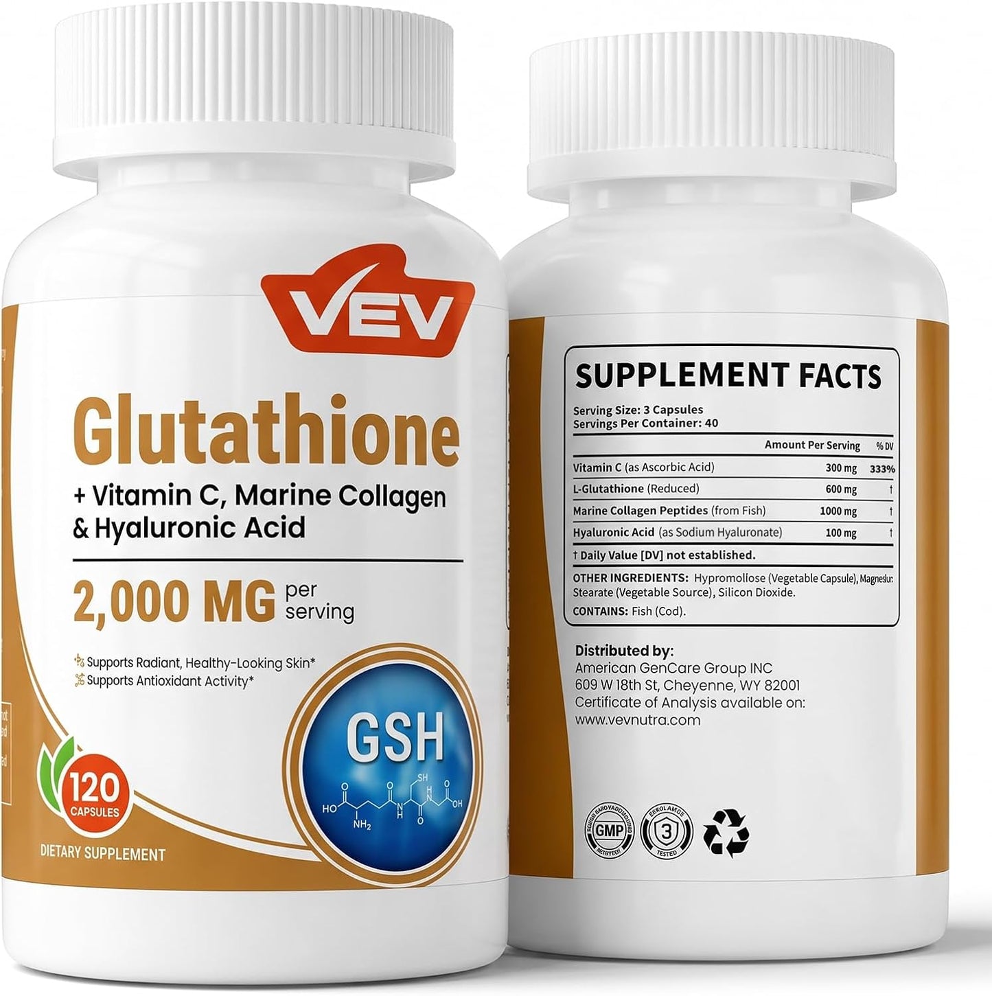VEV Glutathione Supplement 600mg, Vitamin C & Collagen