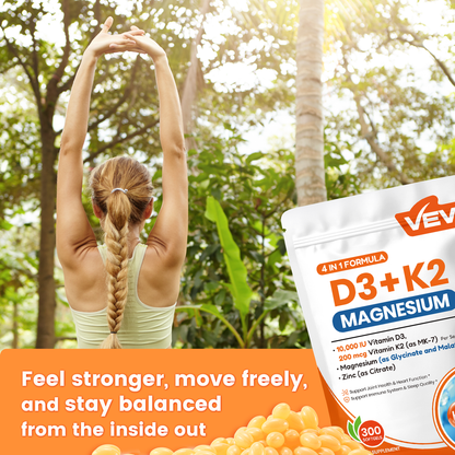 VEV Vitamin D3 K2 Magnesium - 10,000 IU Vitamin D3, 200 mcg MK-7, Magnesium Glycinate & Malate, Zinc Citrate – 300 Softgels