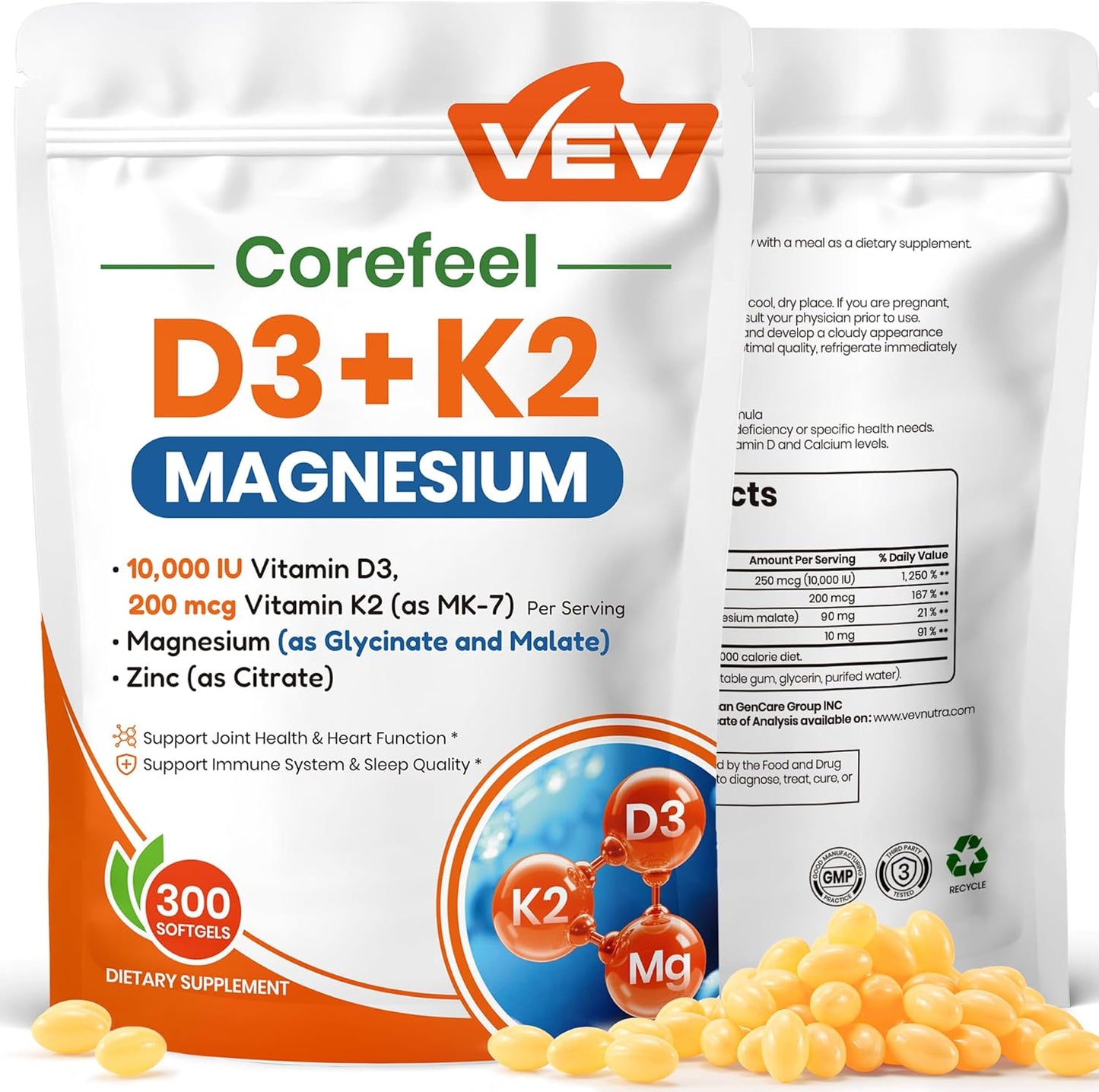 VEV Vitamin D3 K2 Magnesium Zinc Citrate 300 Softgels