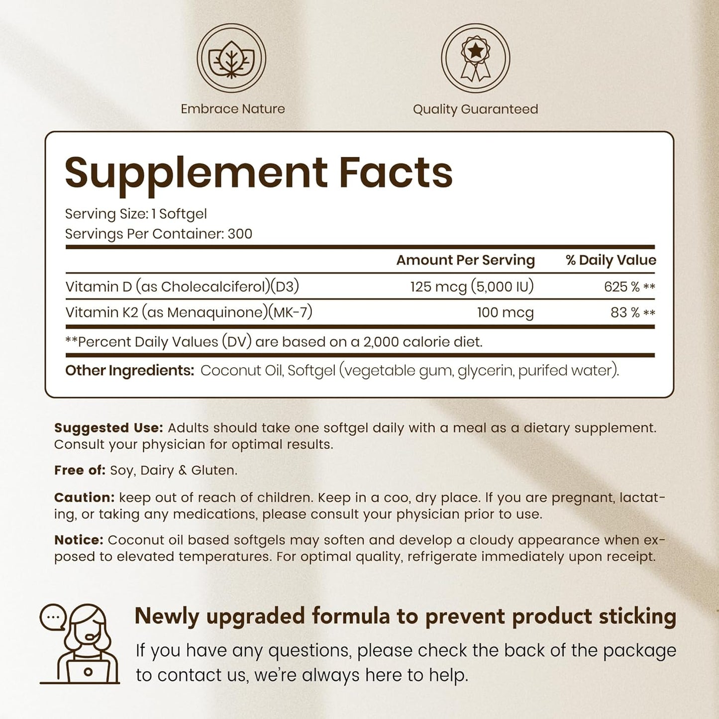VEV Corefeel Vitamin D3 K2, 5000 IU D3 100mcg K2 (MK 7), 300 Softgels