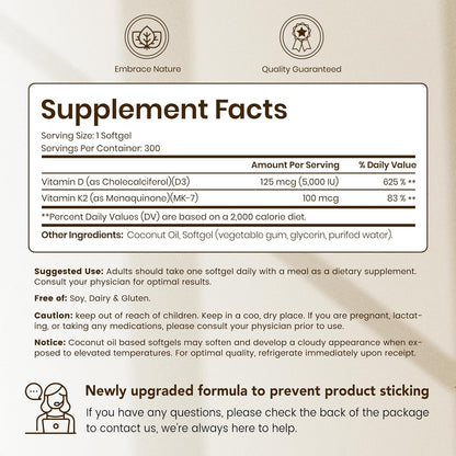VEV Corefeel Vitamin D3 K2, 5000 IU D3 100mcg K2 (MK 7), 300 Softgels