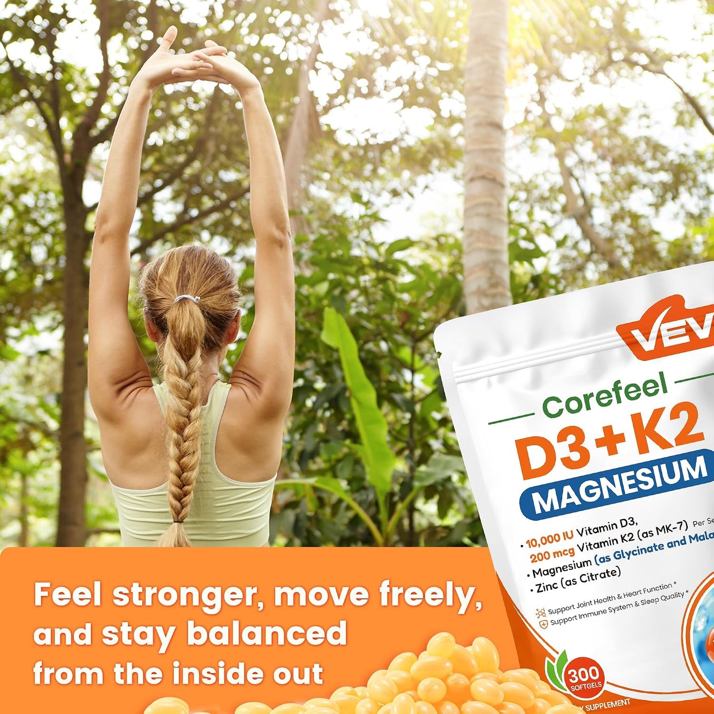 VEV Vitamin D3 K2 Magnesium Zinc Citrate 300 Softgels