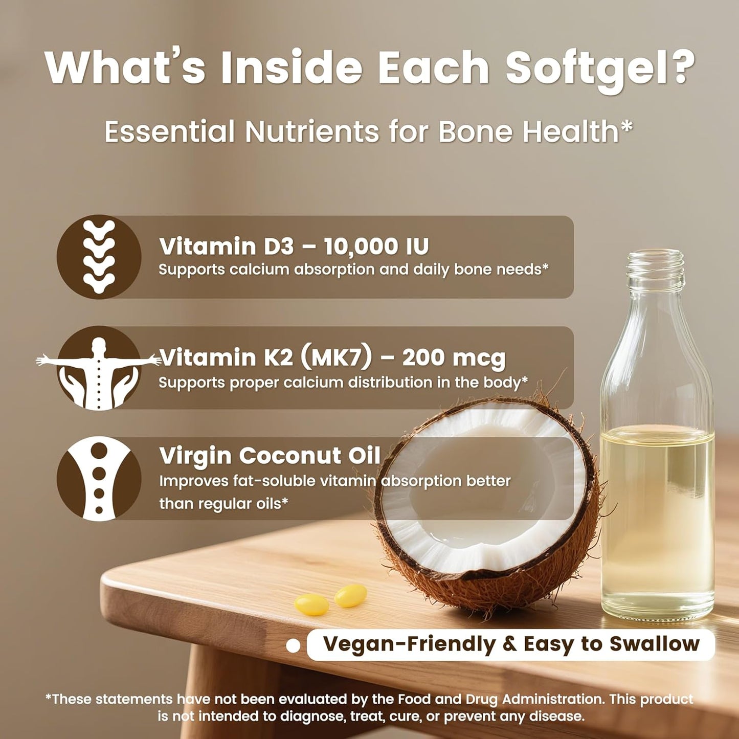 VEV Vitamin D3 K2 10000 IU, 300 Coconut Oil Softgels