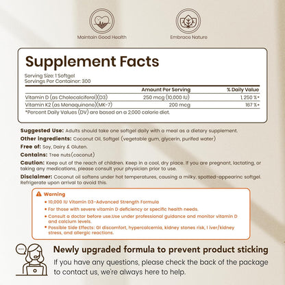 VEV Vitamin D3 K2 10000 IU, 300 Coconut Oil Softgels