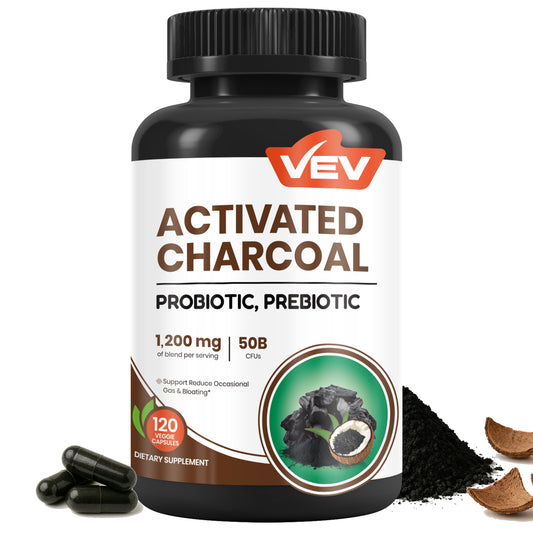 VEV Activated Charcoal Capsules 1200 mcg + 50B Probiotics - 120 Vegan Capsules
