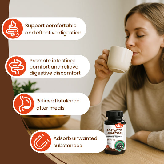 VEV Activated Charcoal Capsules 1200 mcg + 50B Probiotics - 120 Vegan Capsules