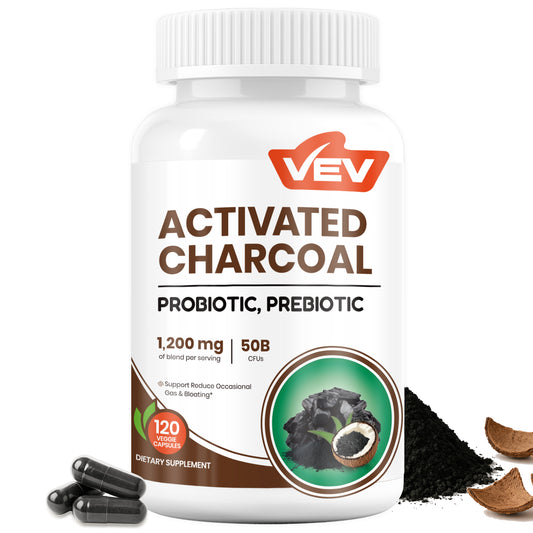VEV Activated Charcoal Capsules 1200 mcg + 50B Probiotics - 120 Vegan Capsules