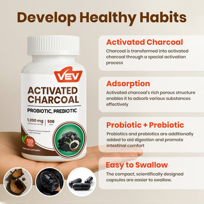 VEV Activated Charcoal Capsules 1200 mcg + 50B Probiotics - 120 Vegan Capsules