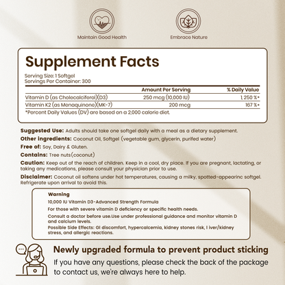 CoreFeel Vitamin D3 K2 10000 IU, 300 Virgin Coconut Oil Softgels, 2 in 1 Vitamins Supplement D & K (Include MK7),
