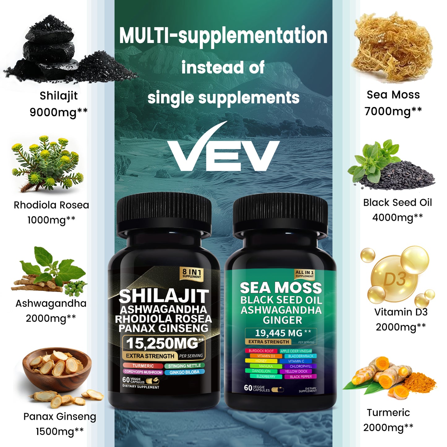 VEV Shilajit & Sea Moss – Ashwagandha, Cordyceps, Rhodiola, Ginseng, Turmeric, and Minerals