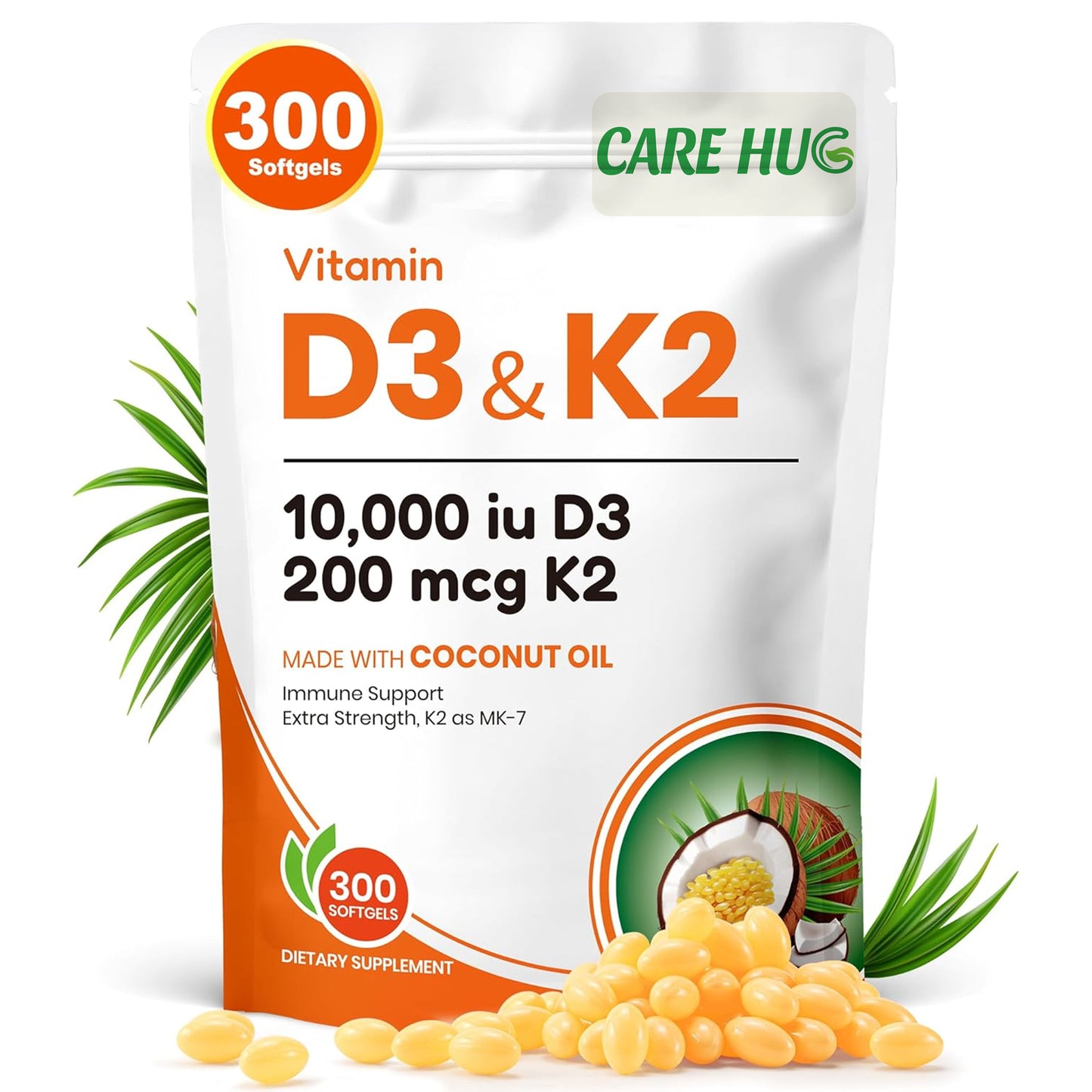 Care Hug Vitamin D3 K2 10000 IU, 300 Virgin Coconut Oil Softgels