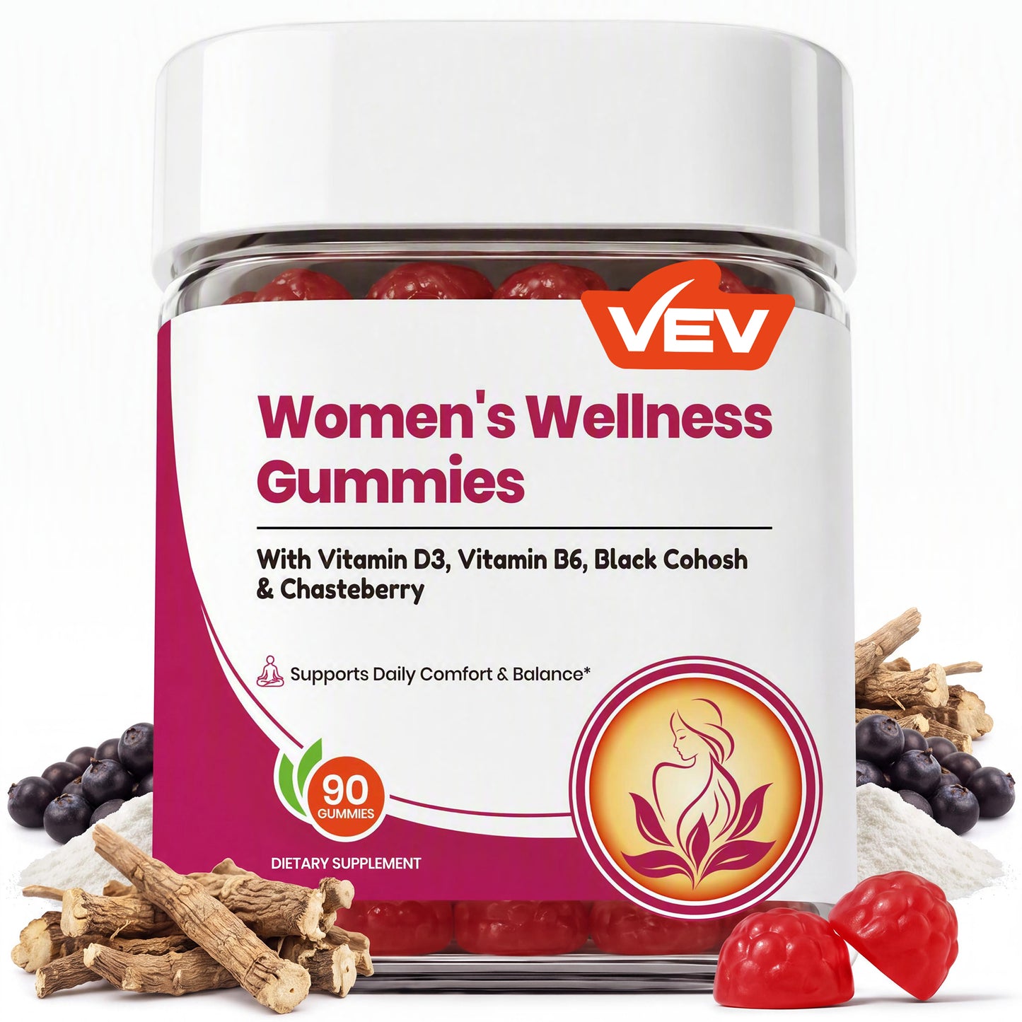 VEV Women's Wellness Gummies, Black Cohosh, Chasteberry, D3, B6