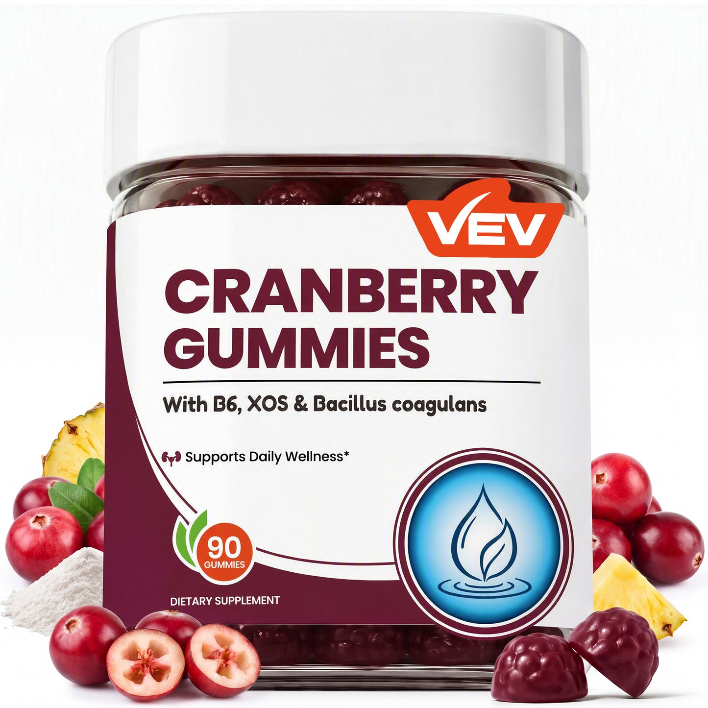 VEV Cranberry Gummies, XOS & 3B CFU Probiotics Per Serving, 90 Count