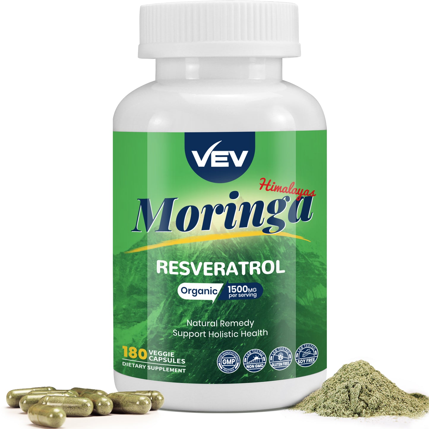 VEV Moringa Powder Capsules with Resveratrol & Turmeric Curcumin Supplement – Rich in Vitamins, Amino Acids & Antioxidants, Non-GMO, Gluten Free (180 Counts)