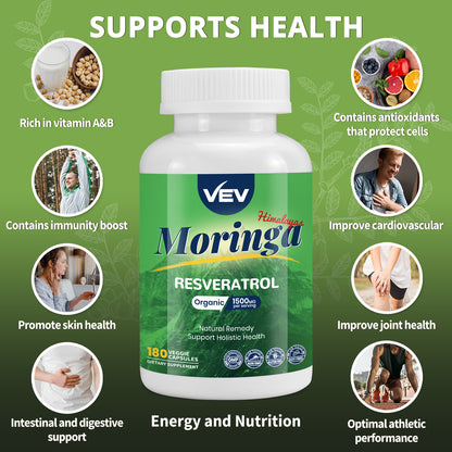 VEV Moringa Powder Capsules with Resveratrol & Turmeric Curcumin Supplement – Rich in Vitamins, Amino Acids & Antioxidants, Non-GMO, Gluten Free (180 Counts)