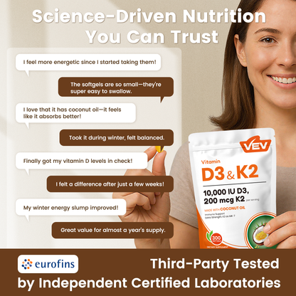 VEV Vitamin D3 K2 10000 IU, 300 Coconut Oil Softgels