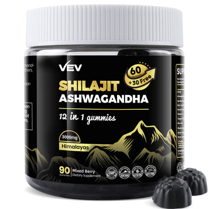 VEV Shilajit Gummies–90 Count, Natural Energy Support, Enhanced Absorption