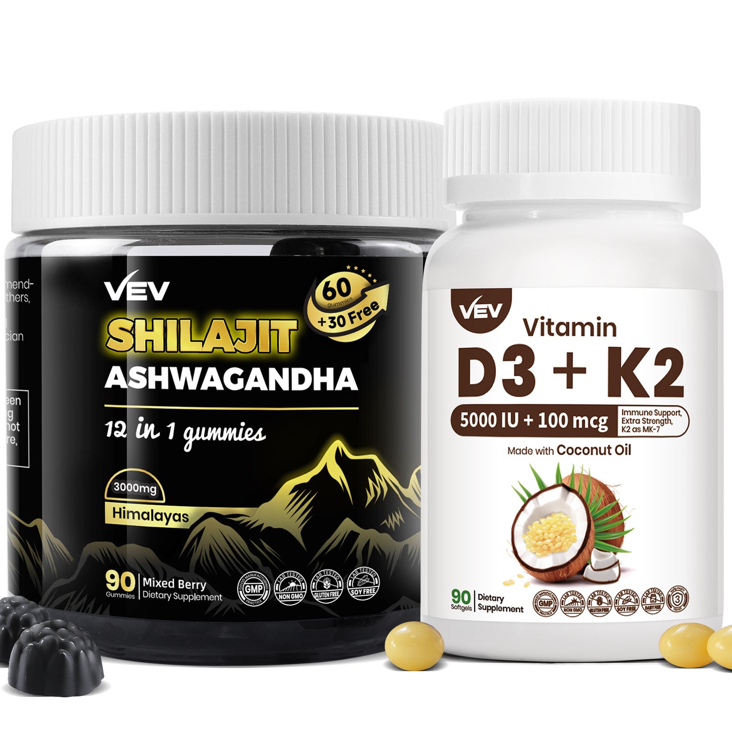 D3 K2 5000 IU Vitamin and Shilajit Gummies for Men with Ashwagandha, Include MK7, Virgin Coconut Oil Softgels – Energy, Immune Support, Bone Health – 2-in-1 Wellness Bundle